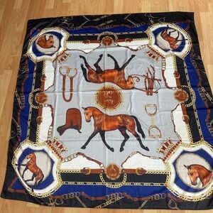 Elegant Equestrian Horse Print Silk Scarf - Brown, Navy, Gold